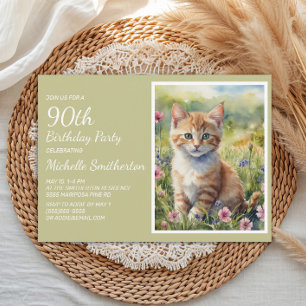 Cute Yellow Orange Cat Watercolor 90th Birthday Invitation
