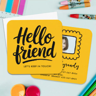 Cute Yellow Orange Hello Friend Playdate Photo Square Business Card