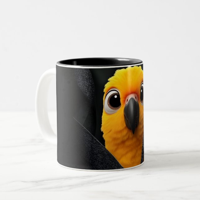 Cute Yellow Parrot Peekaboo Black Coffee Mug | Fun (Front Left)