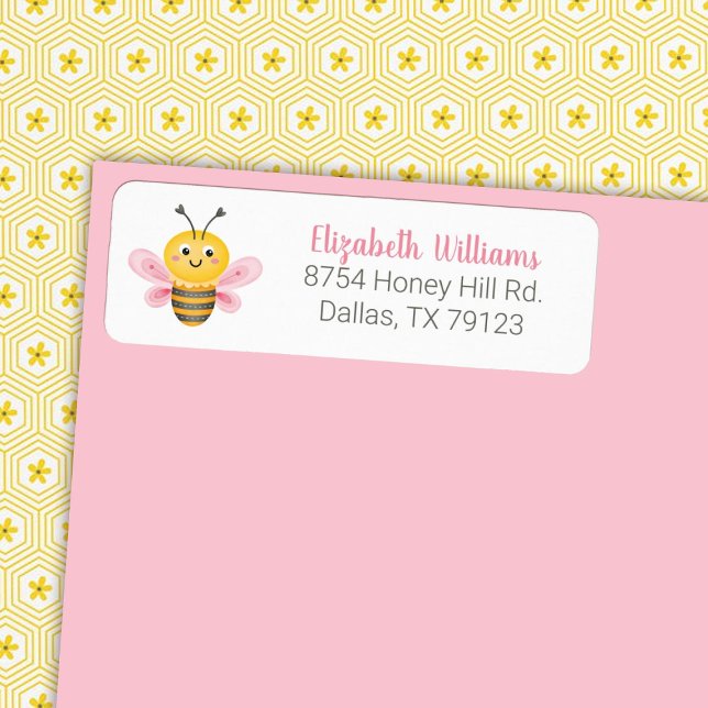 Cute Yellow Pink Bee Baby Shower Return Address (A cute mama to bee baby shower address label. Personalize it with your info.)