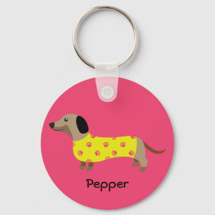 Cute Yellow & Pink Dachshund Dog Name Funny Key Ring