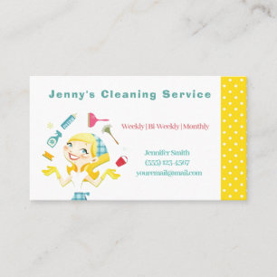 Cute Yellow Polka Dot Maid House Cleaning Service Business Card
