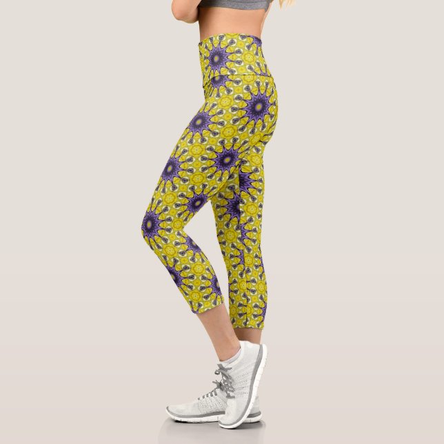 Cute Yellow Purple Kaleidoscope Geometric Pattern Capri Leggings (Left)