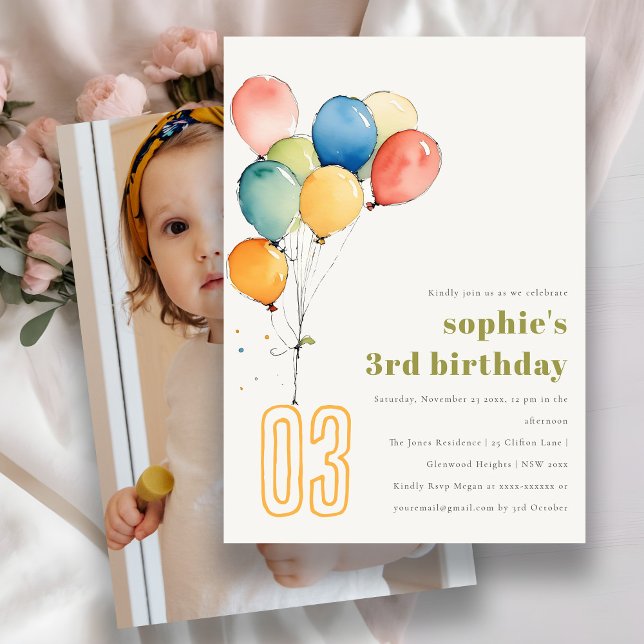Cute Yellow Red Green Balloons Kids Photo Birthday Invitation (Creator Uploaded)