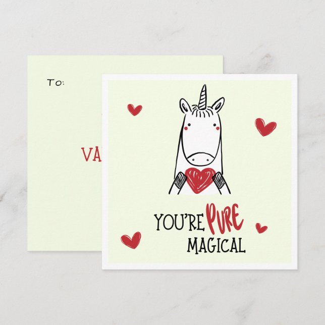 Cute Yellow Red Hearts Unicorn Kids Valentines Day Card (Front/Back)