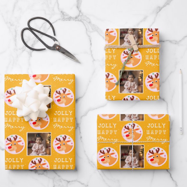 Cute Yellow Reindeer Family Photo Christmas  Wrapping Paper Sheet (Front)