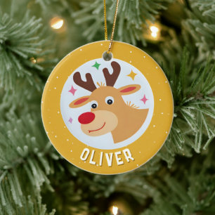 Cute Yellow Reindeer Kid`s Name Christmas Ceramic Tree Decoration