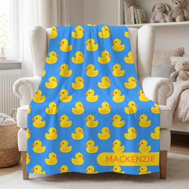 Cute Yellow Rubber Duck Pattern Personalised Name  Fleece Blanket (Cute Yellow Rubber Duck Pattern Personalized Name Fleece Blanket by Ricaso. Add your own text)