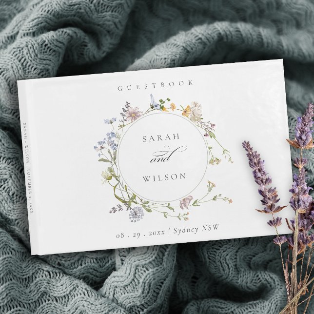 Cute Yellow Rustic Meadow Floral Wreath Wedding Guest Book (Creator Uploaded)