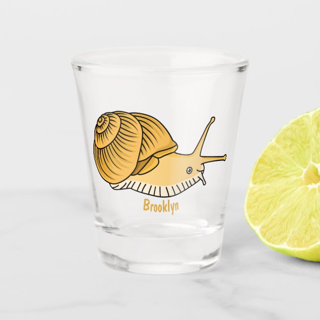 Cute yellow snail cartoon illustration shot glass (Front)
