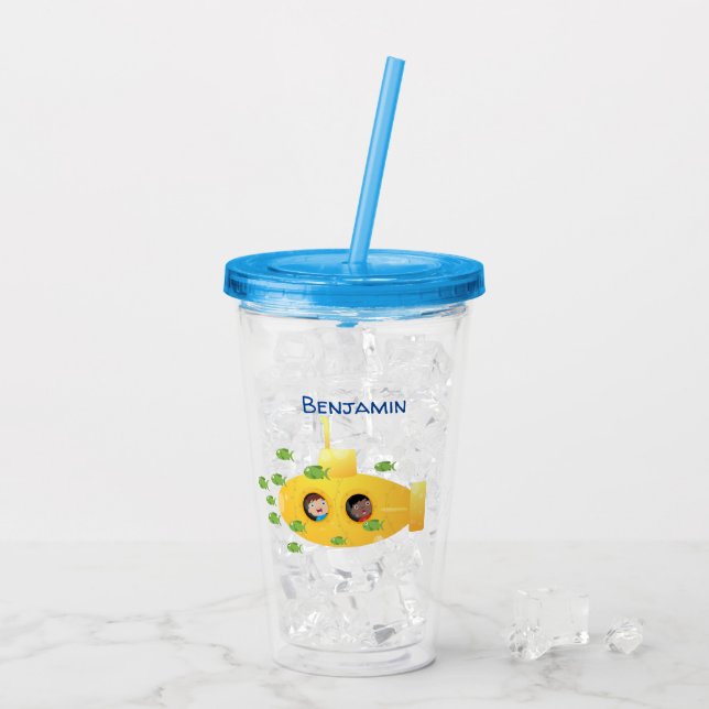 Cute yellow submarine fish cartoon illustration acrylic tumbler (Back Ice)
