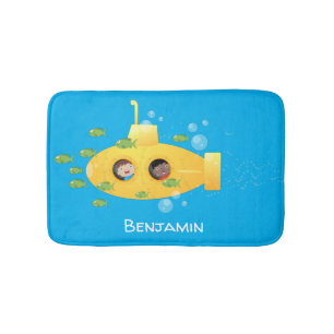 Cute yellow submarine fish cartoon illustration bath mat