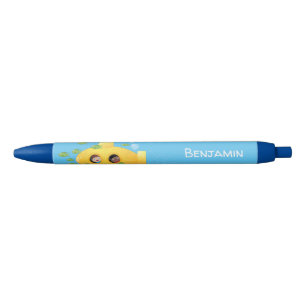 Cute yellow submarine fish cartoon illustration black ink pen