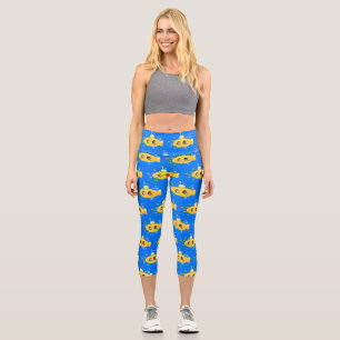 Cute yellow submarine fish cartoon illustration capri leggings