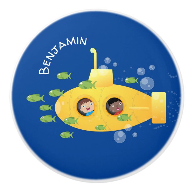 Cute yellow submarine fish cartoon illustration ceramic knob (Front)