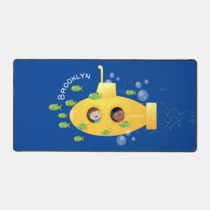Cute yellow submarine fish cartoon illustration desk mat