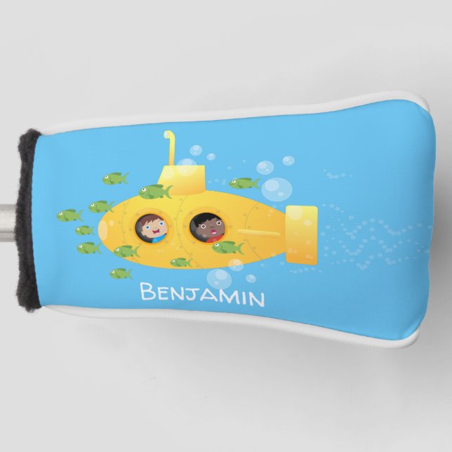 Cute yellow submarine fish cartoon illustration golf head cover (Front)