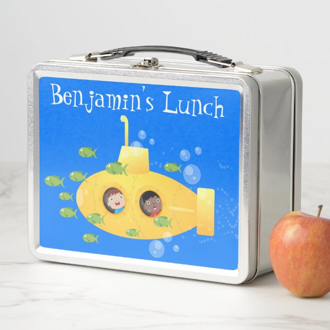 Cute yellow submarine fish cartoon illustration metal lunch box (In Situ)