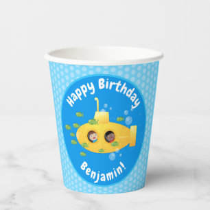 Cute yellow submarine fish cartoon illustration paper cups