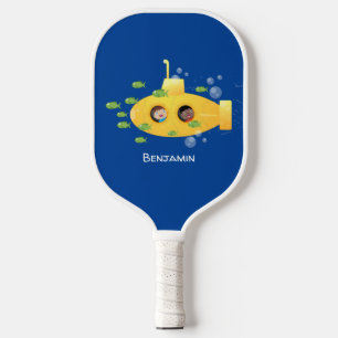 Cute yellow submarine fish cartoon illustration pickleball paddle