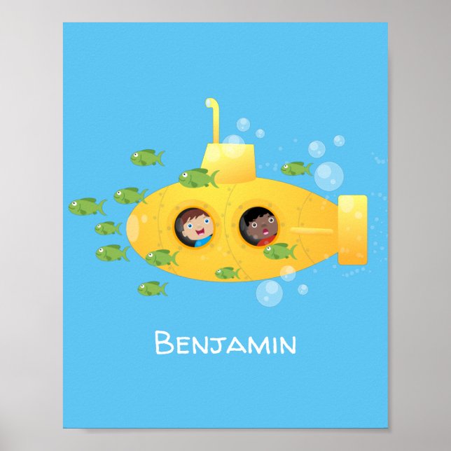 Cute yellow submarine fish cartoon illustration poster (Front)
