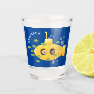 Cute yellow submarine fish cartoon illustration shot glass