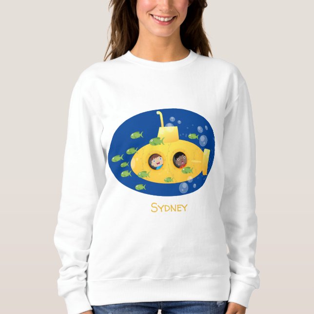 Cute yellow submarine fish cartoon illustration sweatshirt (Front)