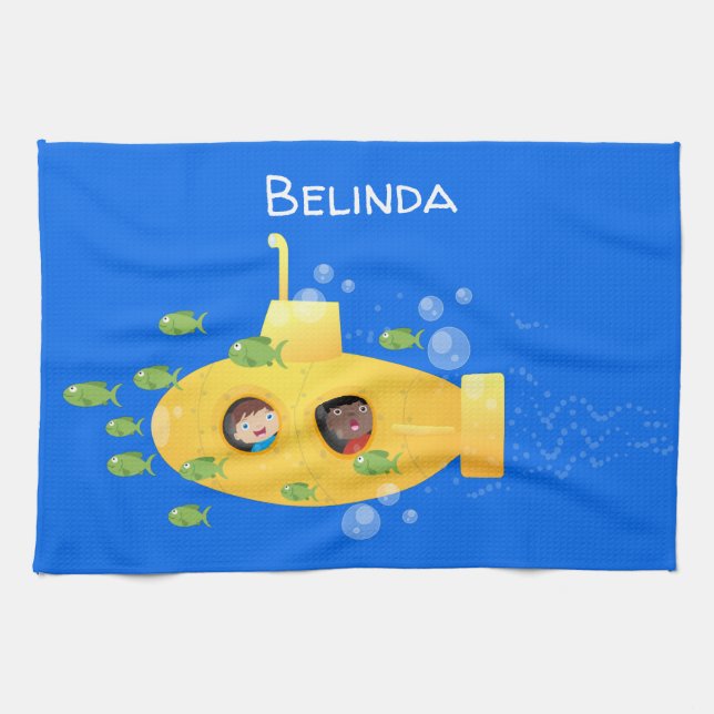 Cute yellow submarine fish cartoon illustration tea towel (Horizontal)