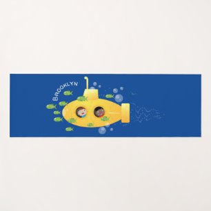 Cute yellow submarine fish cartoon illustration yoga mat