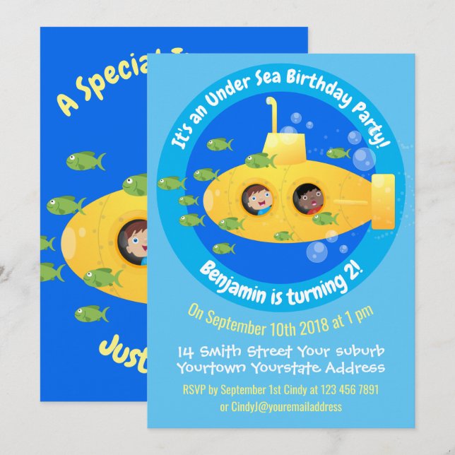 Cute yellow submarine fish cartoon invitation (Front/Back)