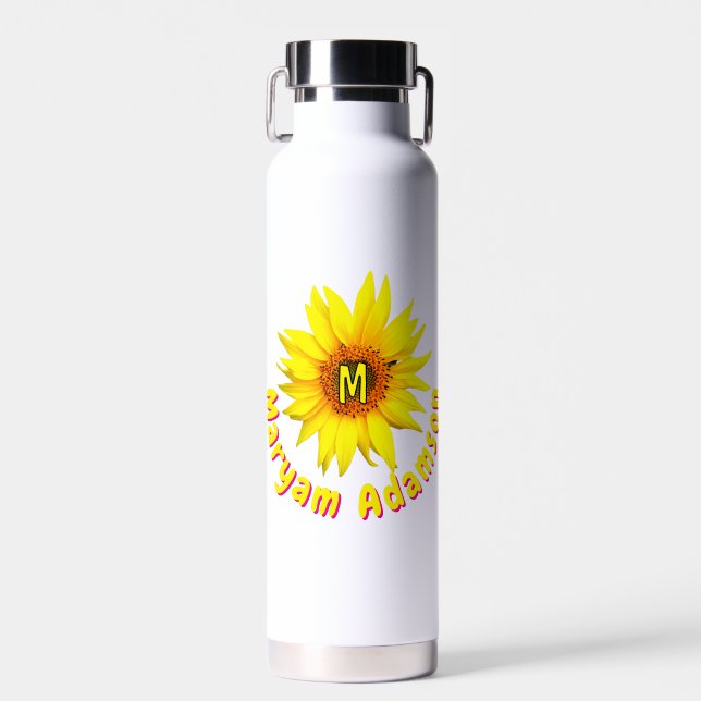 Cute Yellow Sunflower (Long Name + Monogram) Clear Water Bottle (Front)