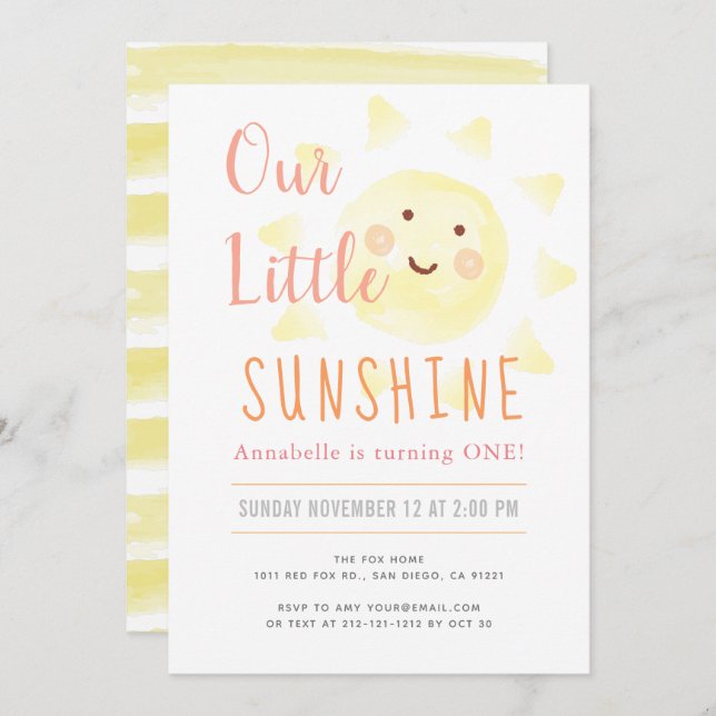 Cute Yellow Sunshine Girl 1st Birthday Party Invitation (Front/Back)