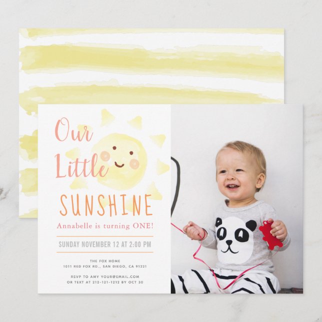 Cute Yellow Sunshine Girl 1st Photo Birthday Party Invitation (Front/Back)