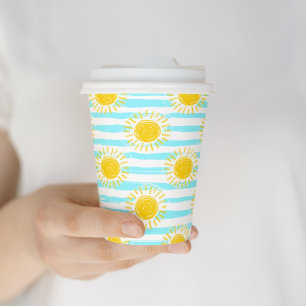 Cute Yellow Sunshine Summer Stripes Blue & White Paper Cups
