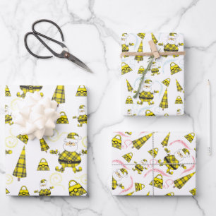 Cute Yellow Tartan Santa With Purse Wrapping Paper Sheet