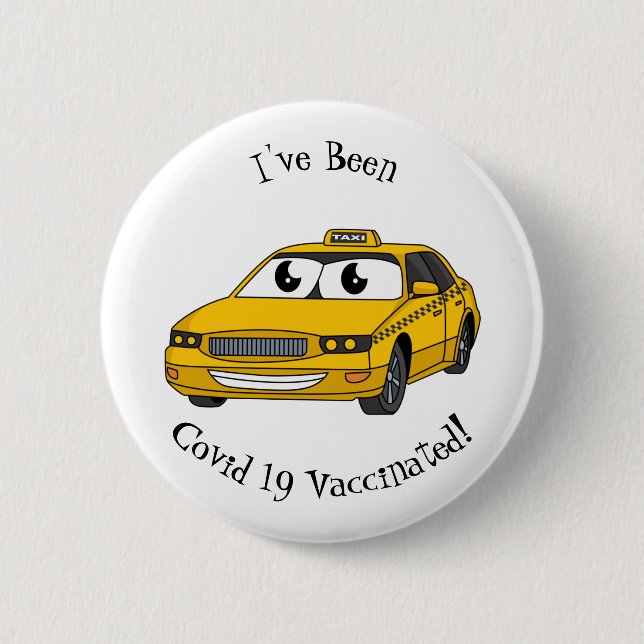Cute yellow taxi fun cartoon illustration 6 cm round badge (Front)