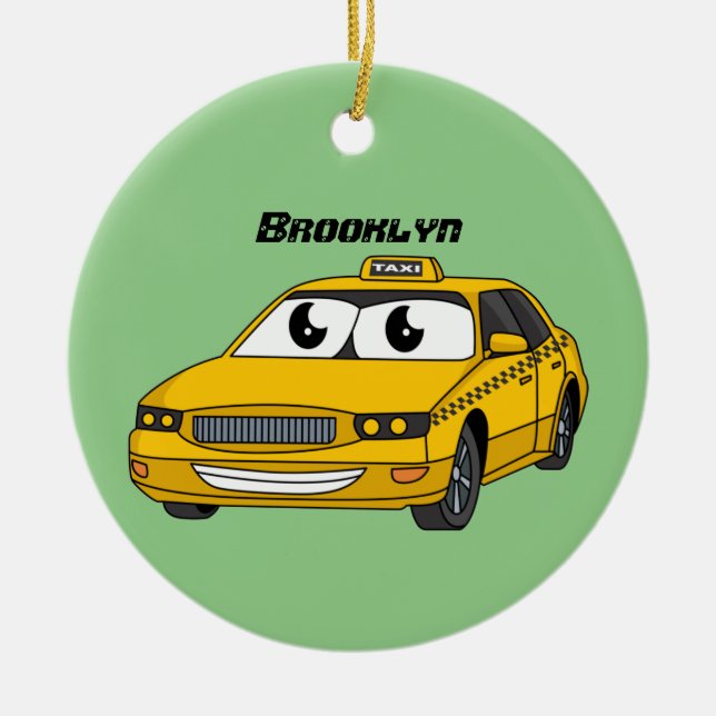 Cute yellow taxi fun cartoon illustration ceramic tree decoration (Front)