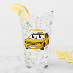 Cute yellow taxi fun cartoon illustration glass