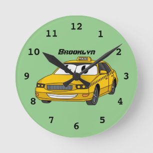 Cute yellow taxi fun cartoon illustration round clock