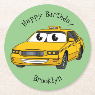 Cute yellow taxi fun cartoon illustration round paper coaster