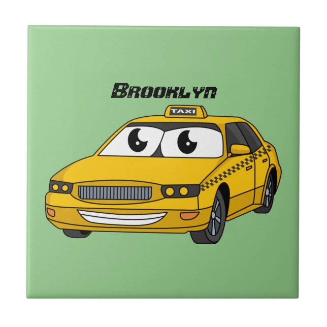 Cute yellow taxi fun cartoon illustration tile (Front)