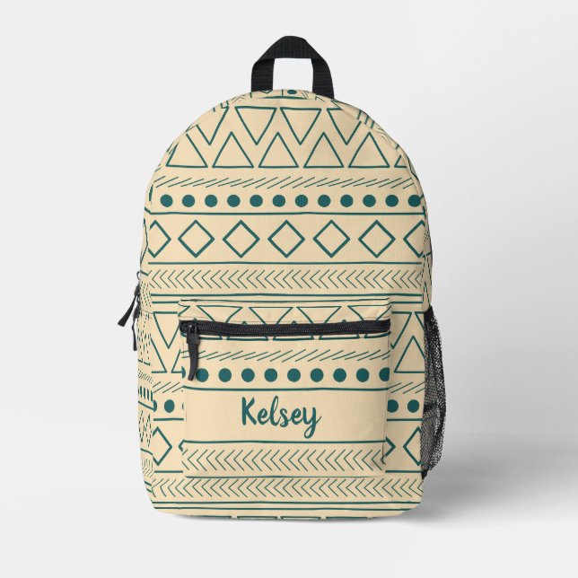Cute Yellow Teal Mudcloth Monogram Name Printed Backpack (Front)