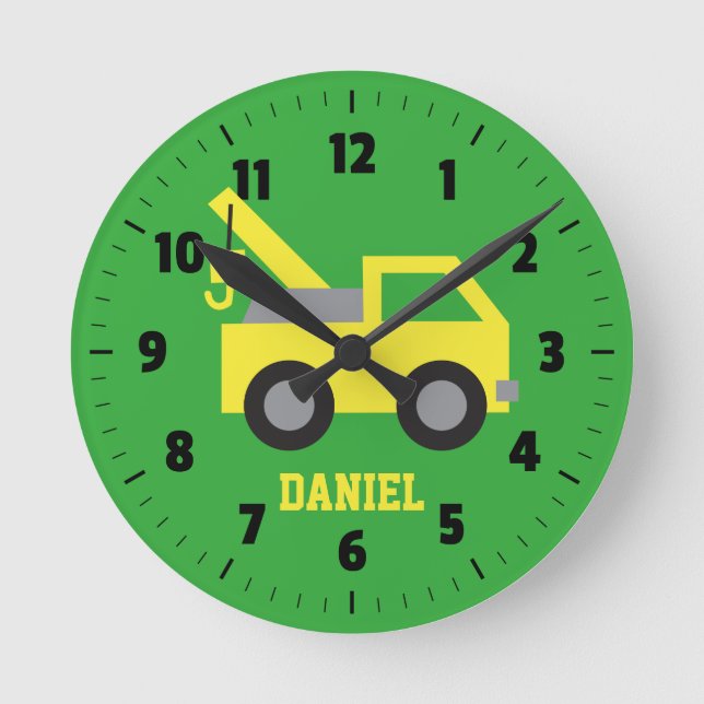 Cute Yellow Tow Truck Vehicle Boys Room Decor Round Clock (Front)