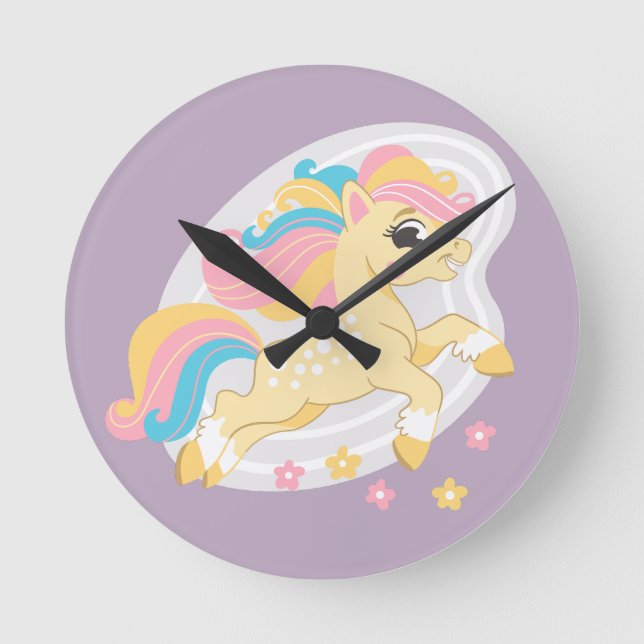 Cute yellow unicorn round clock (Front)