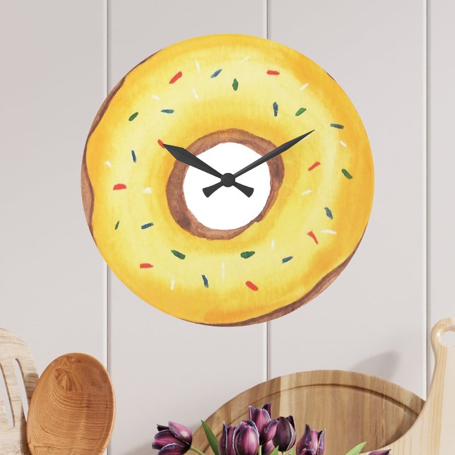 Cute Yellow Watercolor Doughnut Large Clock (Creator Uploaded)