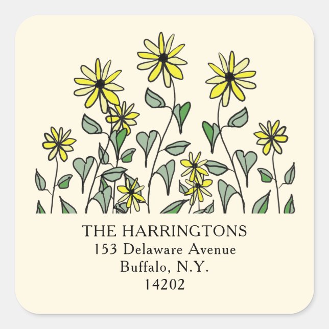 Cute Yellow Wildflowers Fun Square Return Address Sticker (Front)