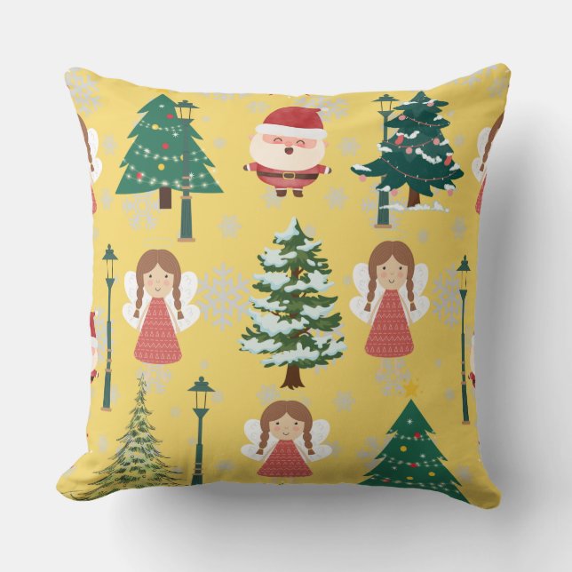 Cute yellow Xmas pattern girly l Santa and trees Cushion (Front)