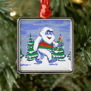 Cute yeti christmas in forest metal tree decoration