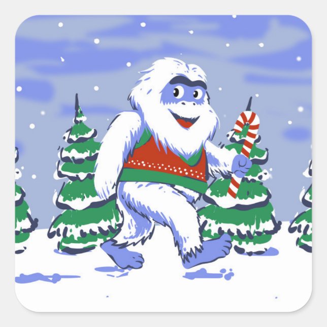 Cute yeti christmas in forest square sticker (Front)