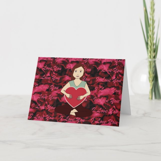 Cute Yoga Girl holding Red heart Holiday Card (Front)